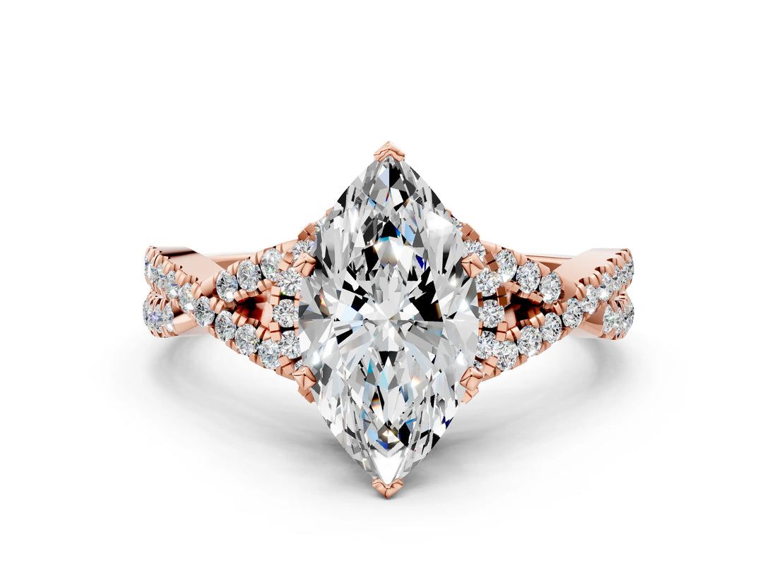 Rose gold Marquise Cut Diamond with Moissanite side stone Halo Twist Band Solitaire Prong Setting Ring_36
