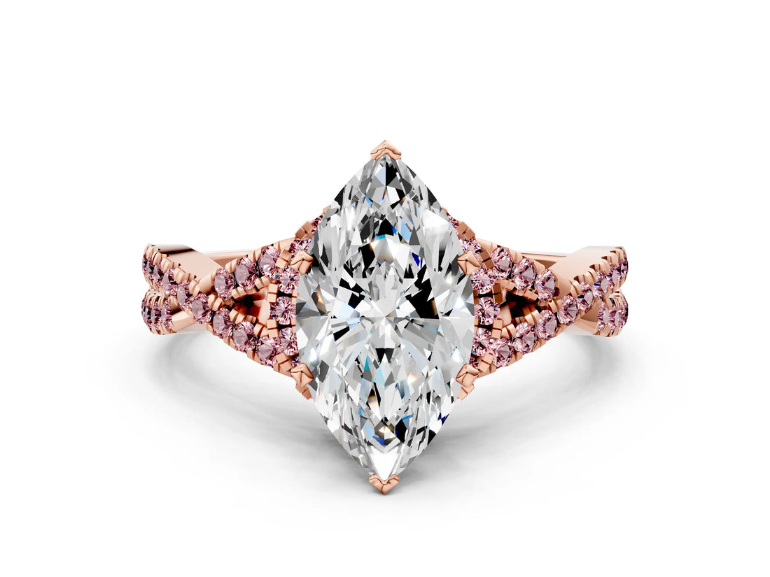 Rose gold Marquise Cut Diamond with Morganite side stone Halo Twist Band Solitaire Prong Setting Ring_12