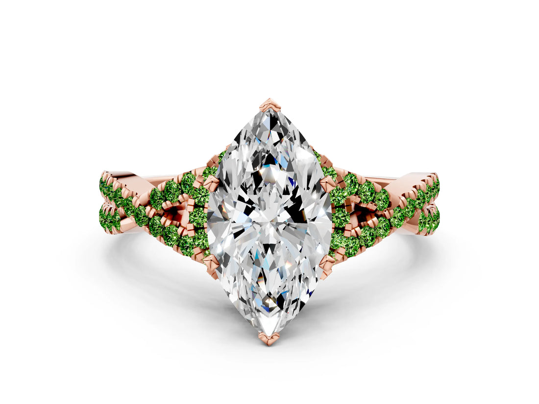 Rose gold Marquise Cut Diamond with Peridot side stone Halo Twist Band Solitaire Prong Setting Ring_42