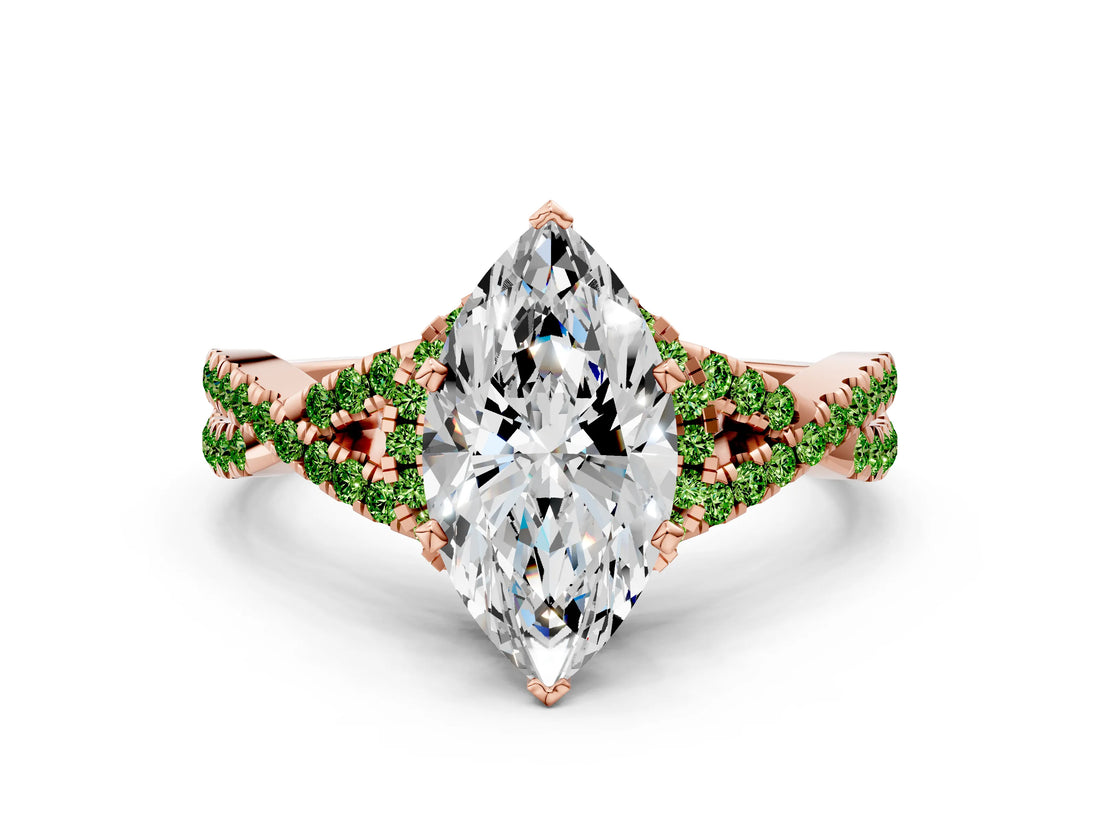 Rose gold Marquise Cut Diamond with Peridot side stone Halo Twist Band Solitaire Prong Setting Ring_48