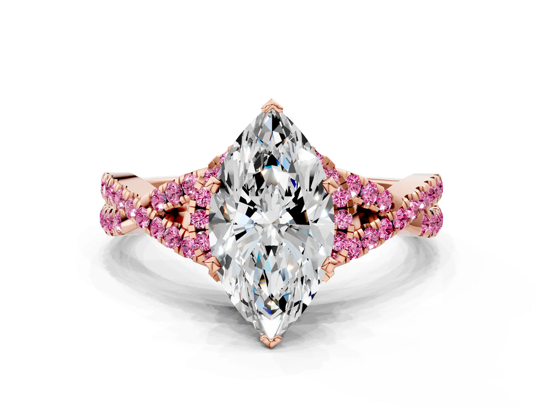 Rose gold Marquise Cut Diamond with Pink Sapphire side stone Halo Twist Band Solitaire Prong Setting Ring_42