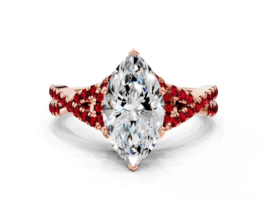 Rose gold Marquise Cut Diamond with Ruby side stone Halo Twist Band Solitaire Prong Setting Ring_12