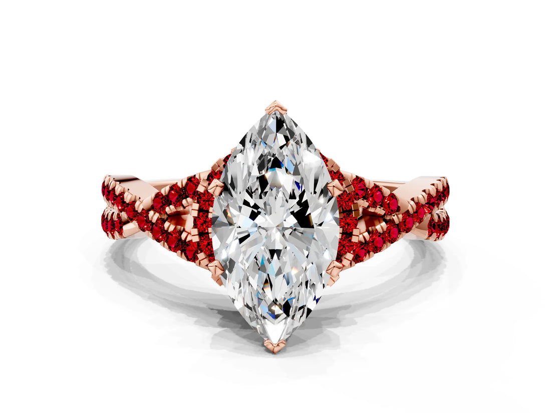 Rose gold Marquise Cut Diamond with Ruby side stone Halo Twist Band Solitaire Prong Setting Ring_42