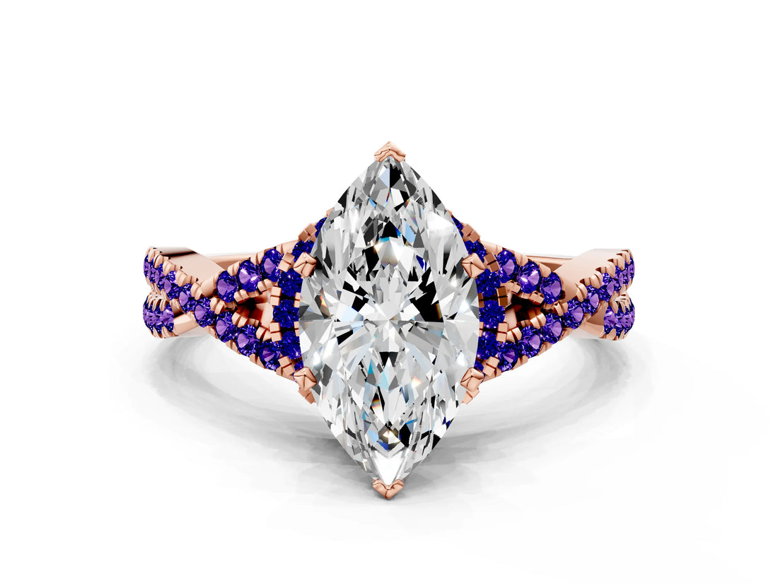 Rose gold Marquise Cut Diamond with Tanzanite side stone Halo Twist Band Solitaire Prong Setting Ring_12