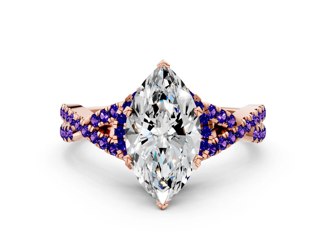 Rose gold Marquise Cut Diamond with Tanzanite side stone Halo Twist Band Solitaire Prong Setting Ring_30