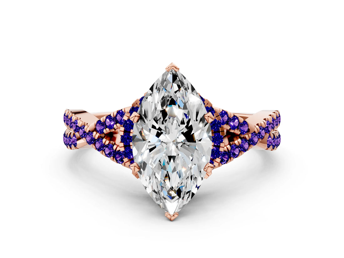 Rose gold Marquise Cut Diamond with Tanzanite side stone Halo Twist Band Solitaire Prong Setting Ring_42