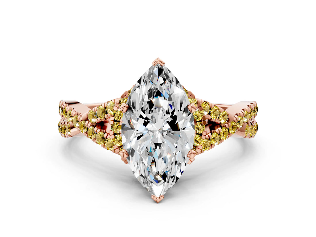 Rose gold Marquise Cut Diamond with Yellow Sapphire side stone Halo Twist Band Solitaire Prong Setting Ring_30