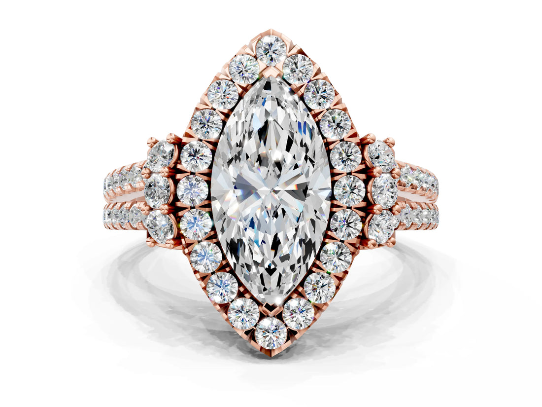 Rose gold Marquise Cut Double Halo Diamond Engagement Ring with Pave Band and Four-Prong Setting_43