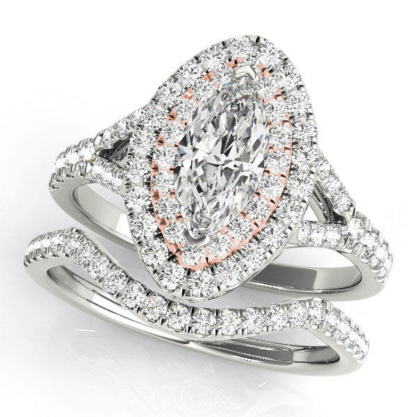 Rose gold Marquise Cut Double Halo Split Shank Diamond Ring with Prong Setting 1