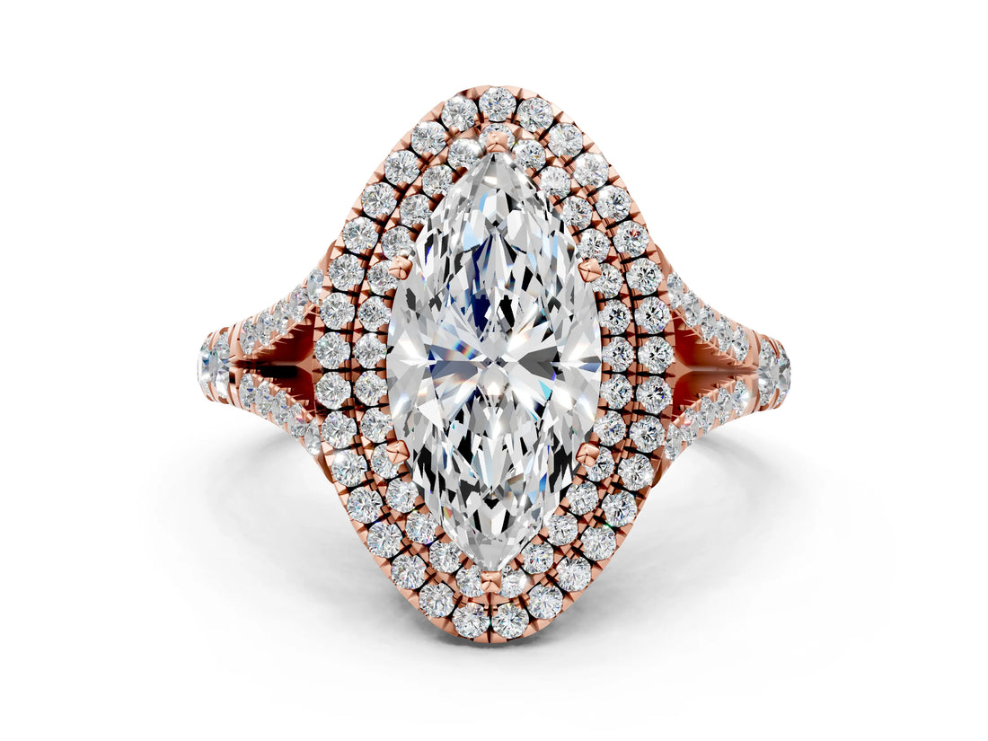 Rose gold Marquise Cut Double Halo Split Shank Diamond Ring with Prong Setting_52