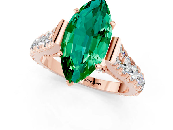 Rose gold Marquise Cut Emerald Classic Solitaire Ring with Pavé Band and Four-Prong Setting