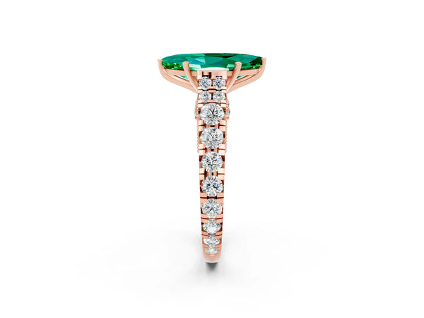 Rose gold Marquise Cut Emerald Classic Solitaire Ring with Pavé Band and Four-Prong Setting