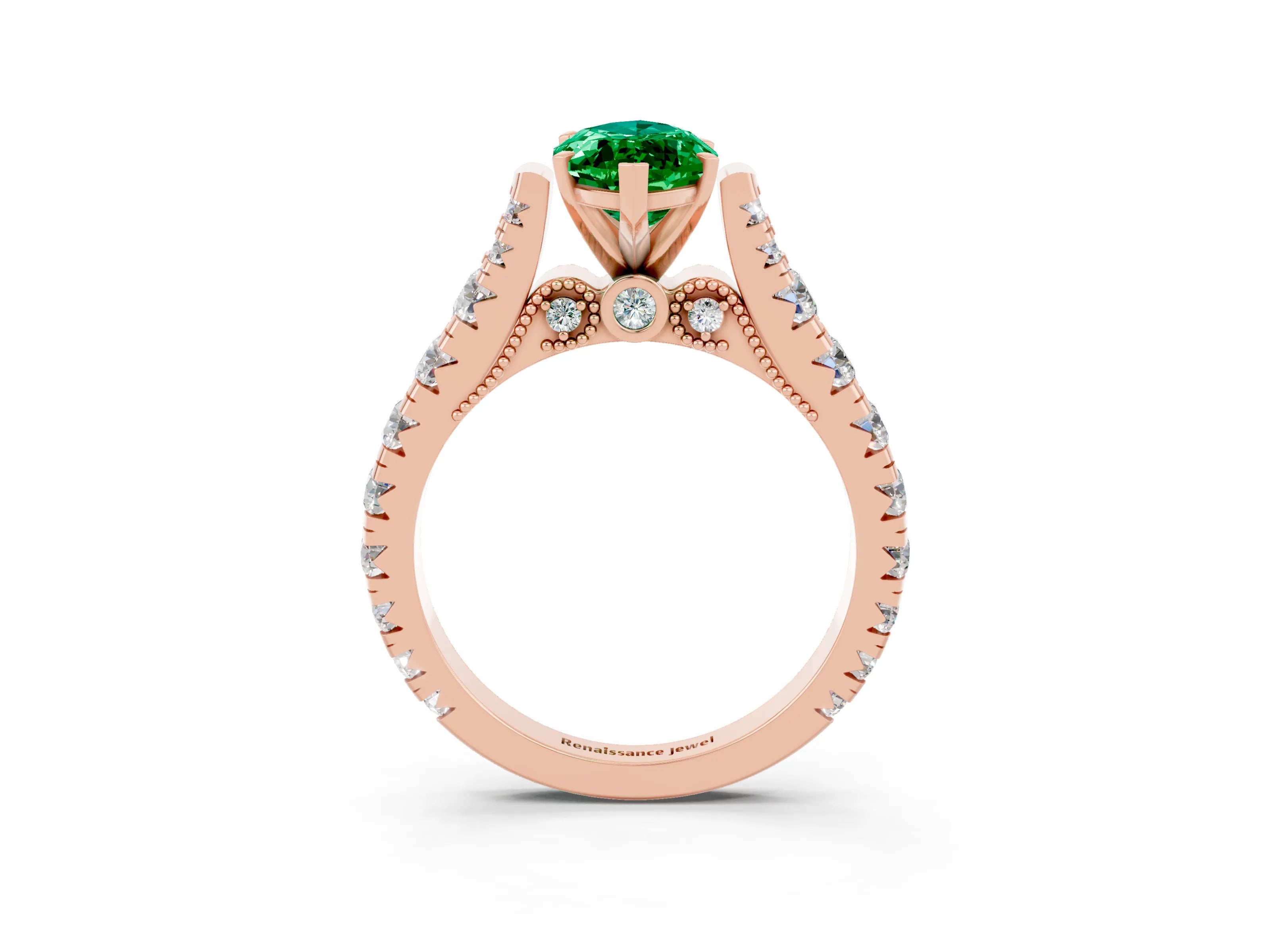 Rose gold Marquise Cut Emerald Classic Solitaire Ring with Pavé Band and Four-Prong Setting_3