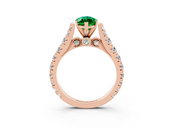 Rose gold Marquise Cut Emerald Classic Solitaire Ring with Pavé Band and Four-Prong Setting
