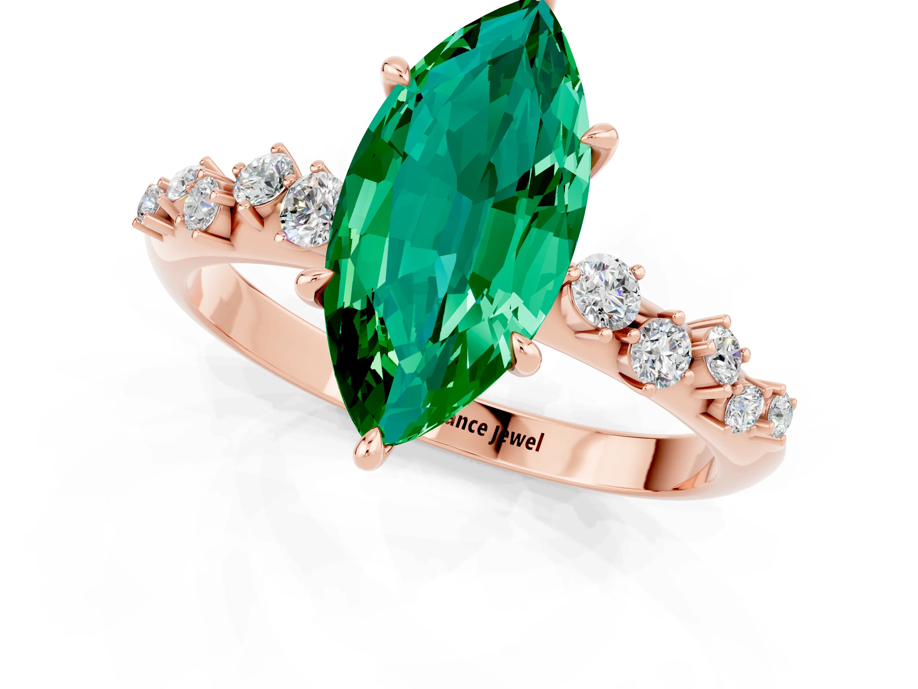 Rose gold Marquise Cut Emerald Cluster Side Stone Solitaire Ring with Prong Setting_25