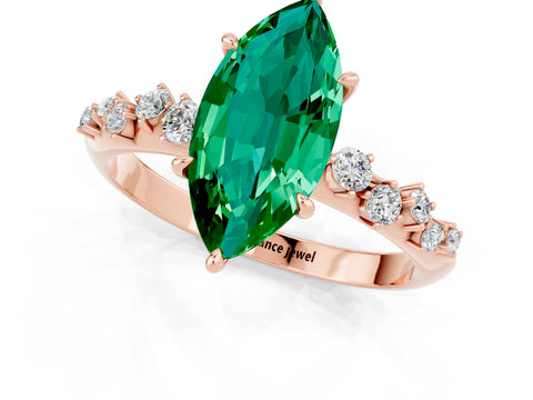 Rose gold Marquise Cut Emerald Cluster Side Stone Solitaire Ring with Prong Setting_25