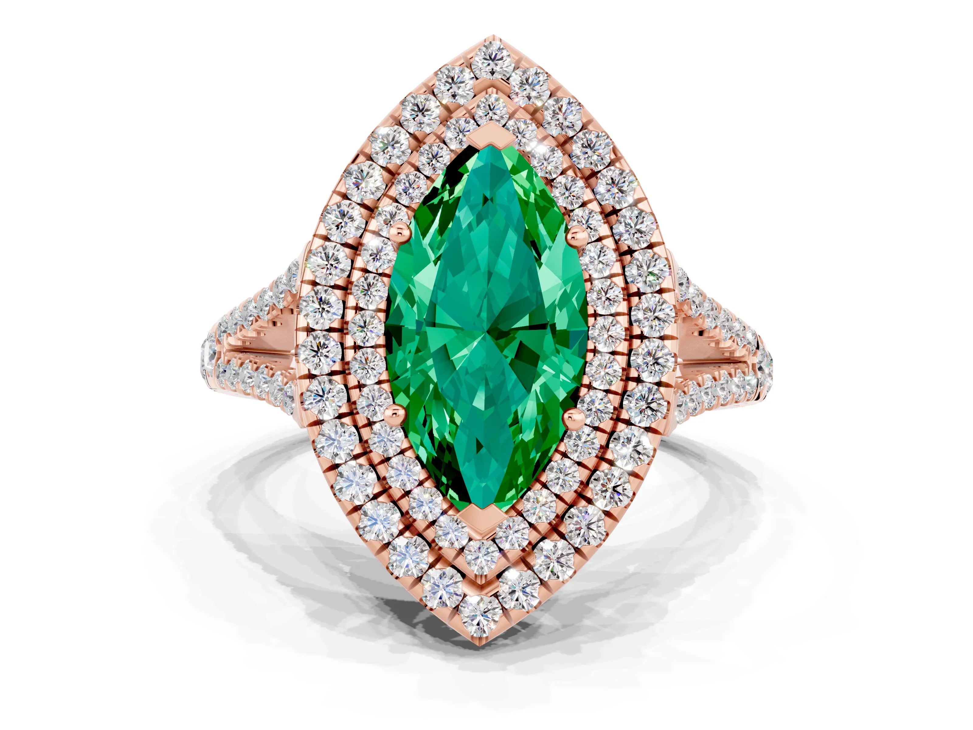 Rose gold Marquise Cut Emerald Double Halo Ring with Pavé Band and Prong Setting_12