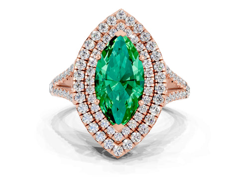 Rose gold Marquise Cut Emerald Double Halo Ring with Pavé Band and Prong Setting_12