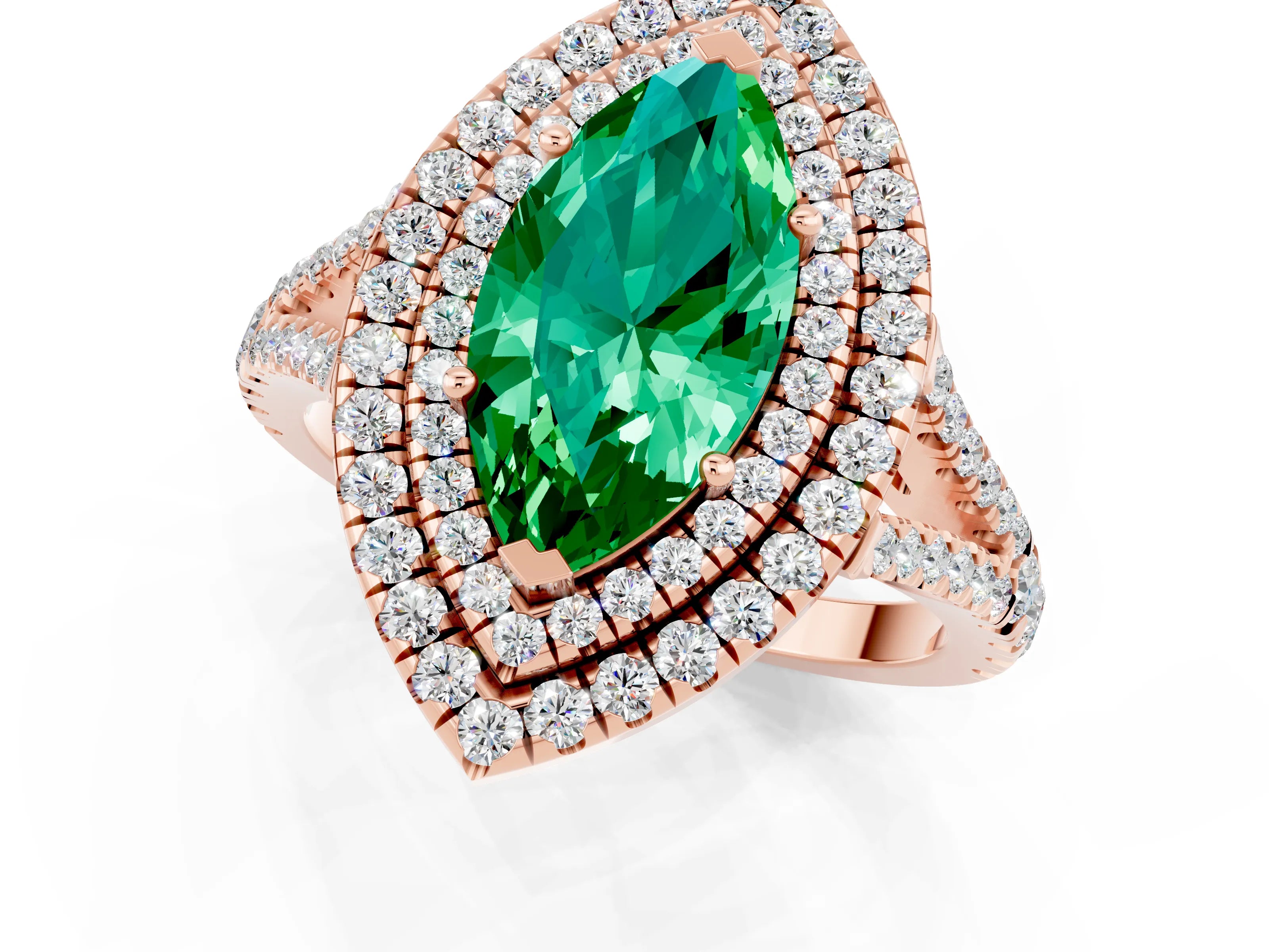 Rose gold Marquise Cut Emerald Double Halo Ring with Pavé Band and Prong Setting_13