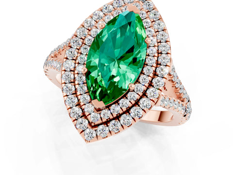 Rose gold Marquise Cut Emerald Double Halo Ring with Pavé Band and Prong Setting_13