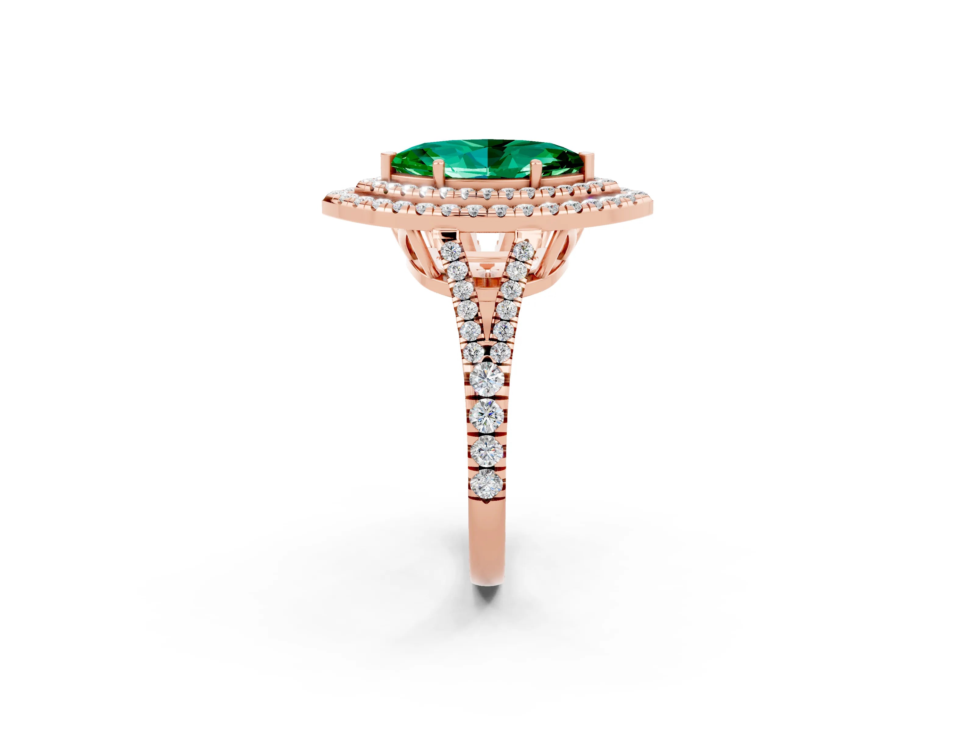 Rose gold Marquise Cut Emerald Double Halo Ring with Pavé Band and Prong Setting_14