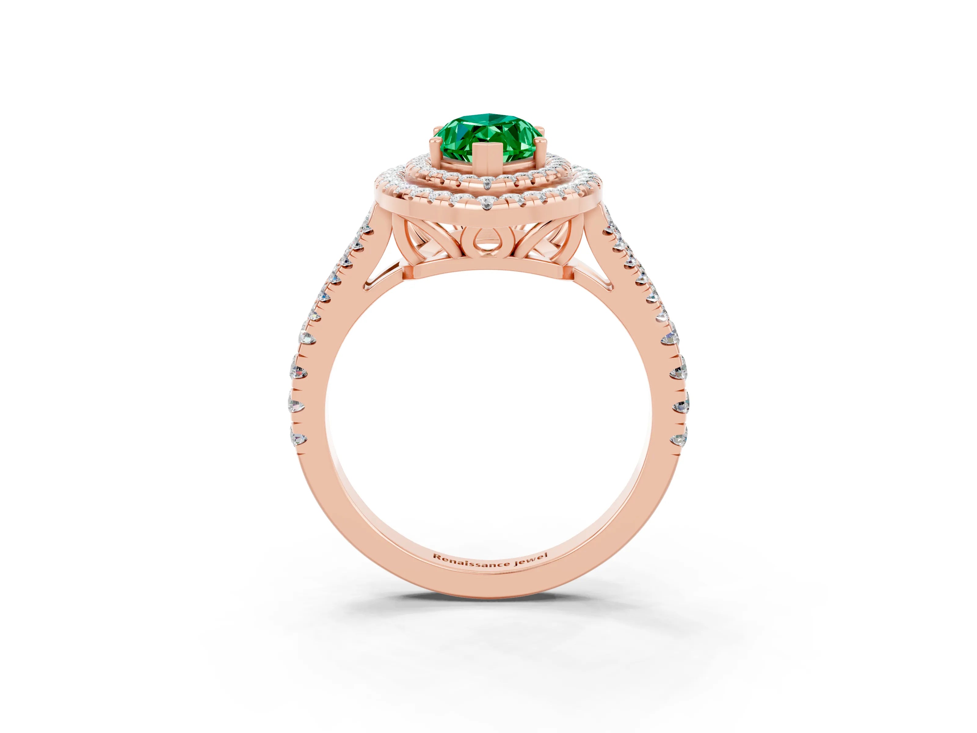 Rose gold Marquise Cut Emerald Double Halo Ring with Pavé Band and Prong Setting_15