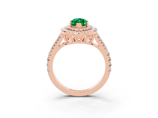 Rose gold Marquise Cut Emerald Double Halo Ring with Pavé Band and Prong Setting