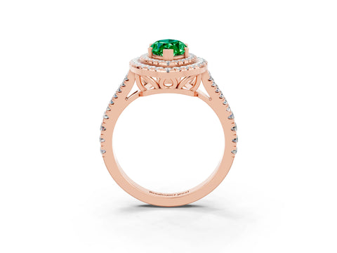 Rose gold Marquise Cut Emerald Double Halo Ring with Pavé Band and Prong Setting_15