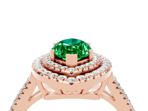 Rose gold Marquise Cut Emerald Double Halo Ring with Pavé Band and Prong Setting_16