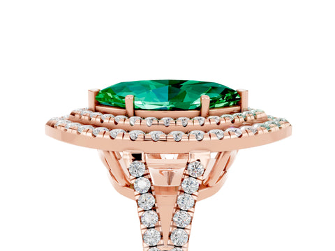 Rose gold Marquise Cut Emerald Double Halo Ring with Pavé Band and Prong Setting_17