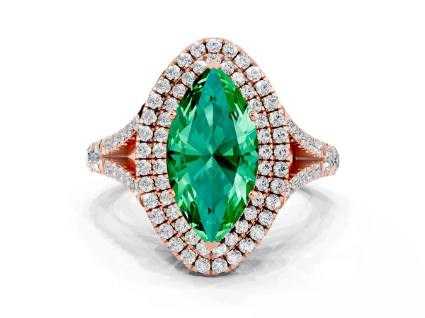 Rose gold Marquise Cut Emerald Double Halo Ring with Split Shank and Prong Setting