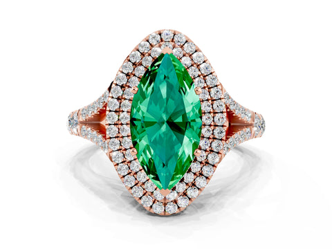 Rose gold Marquise Cut Emerald Double Halo Ring with Split Shank and Prong Setting_12