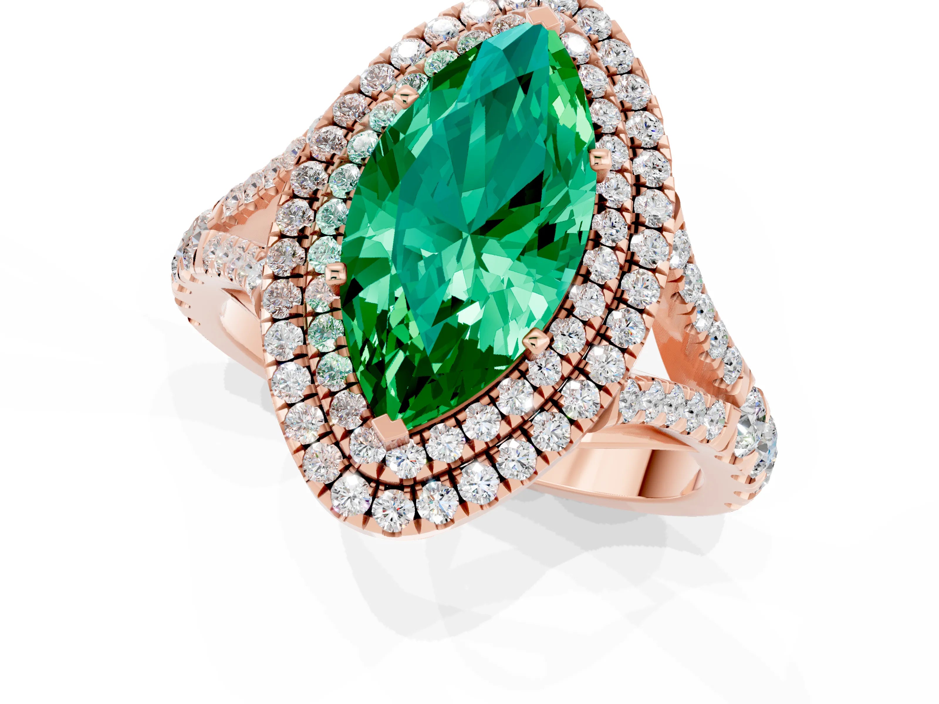 Rose gold Marquise Cut Emerald Double Halo Ring with Split Shank and Prong Setting_13