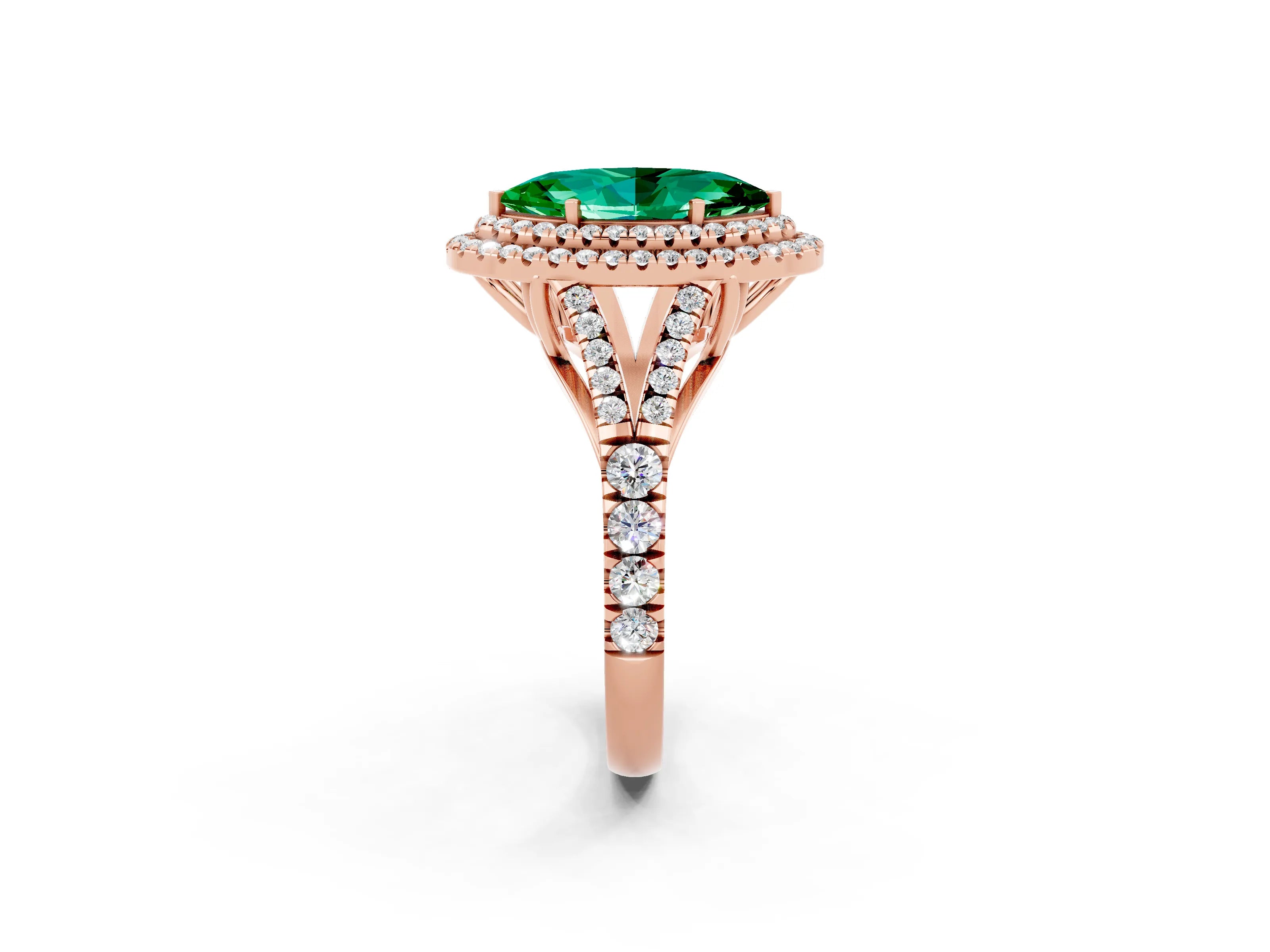 Rose gold Marquise Cut Emerald Double Halo Ring with Split Shank and Prong Setting_14