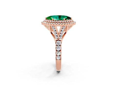 Rose gold Marquise Cut Emerald Double Halo Ring with Split Shank and Prong Setting_14