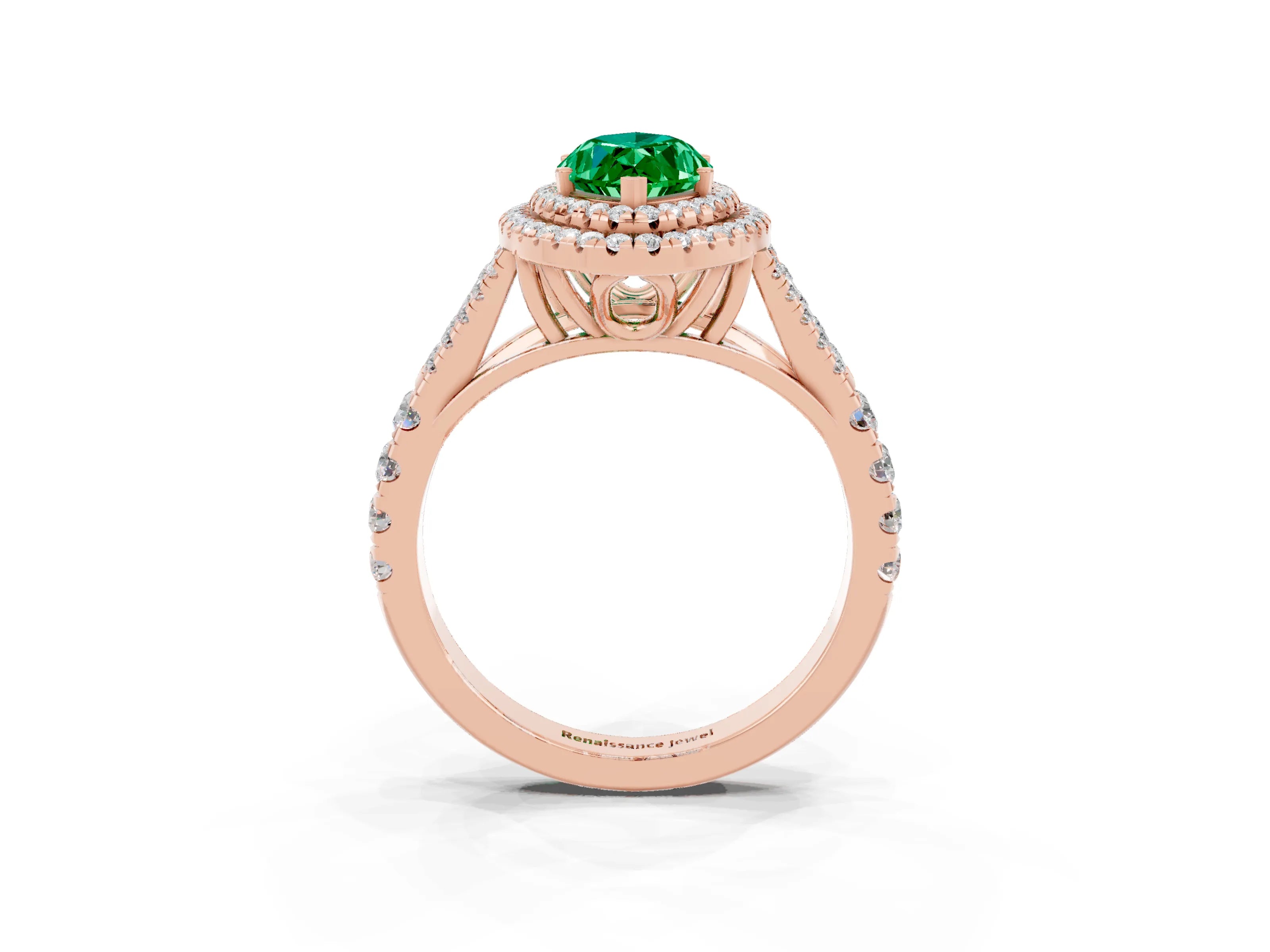 Rose gold Marquise Cut Emerald Double Halo Ring with Split Shank and Prong Setting_15