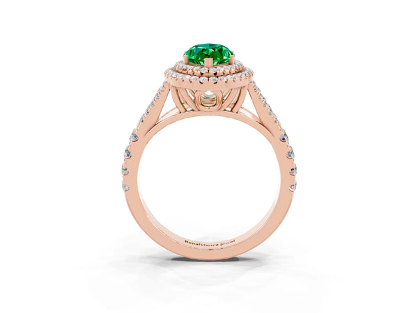 Rose gold Marquise Cut Emerald Double Halo Ring with Split Shank and Prong Setting