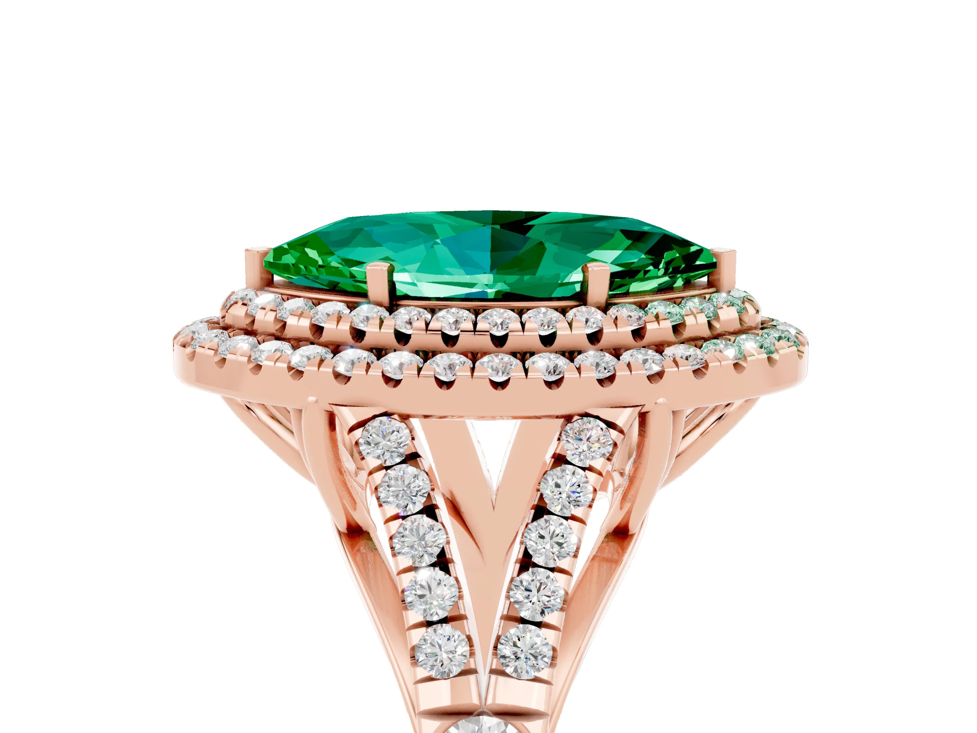 Rose gold Marquise Cut Emerald Double Halo Ring with Split Shank and Prong Setting_17