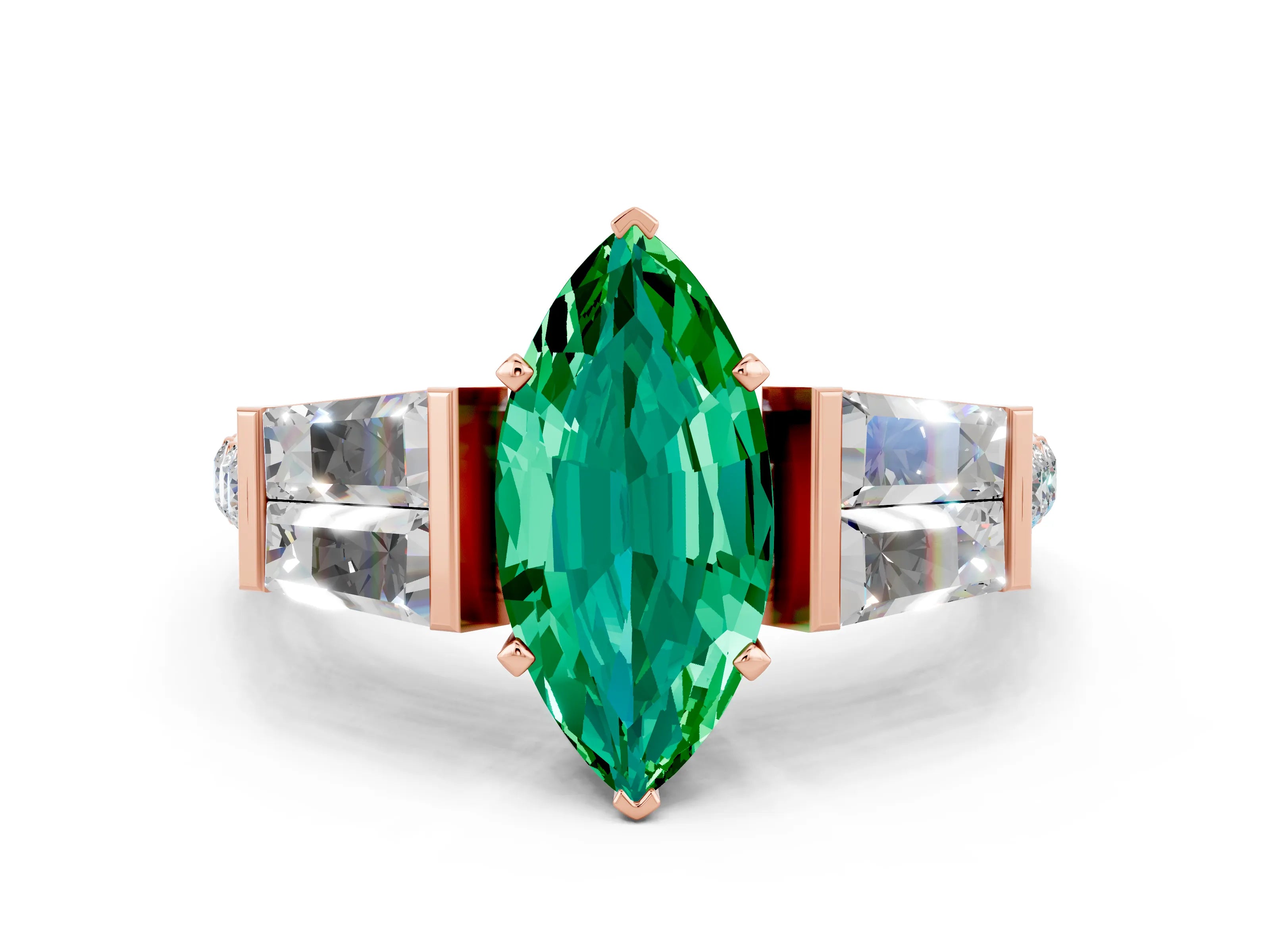 Rose gold Marquise Cut Emerald Engagement Ring with Baguette Side Stones and Channel Set Band