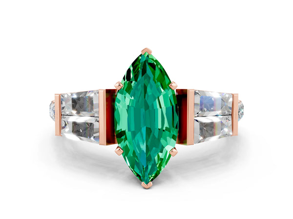 Rose gold Marquise Cut Emerald Engagement Ring with Baguette Side Stones and Channel Set Band