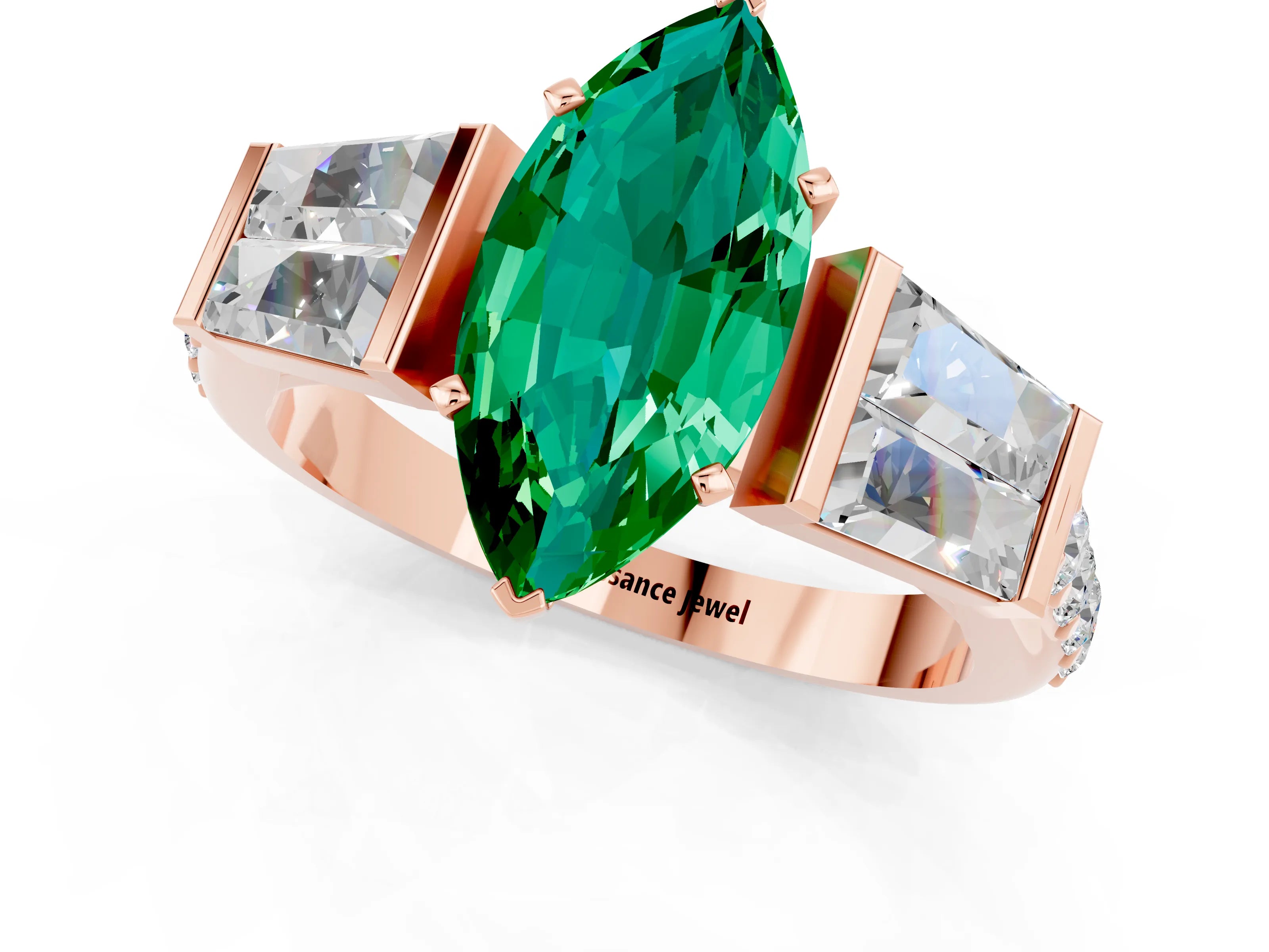 Rose gold Marquise Cut Emerald Engagement Ring with Baguette Side Stones and Channel Set Band_1