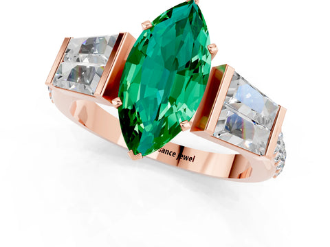 Rose gold Marquise Cut Emerald Engagement Ring with Baguette Side Stones and Channel Set Band_1