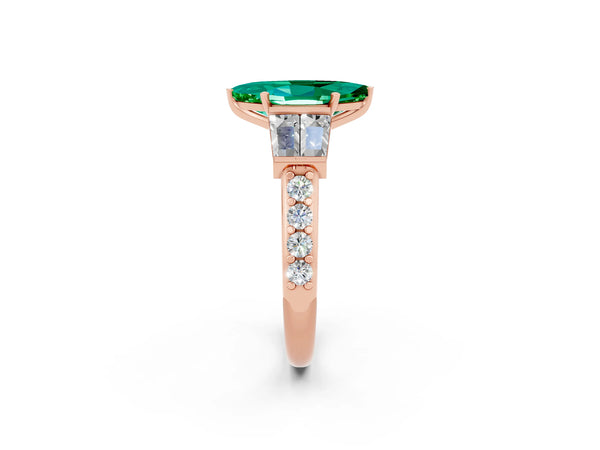 Rose gold Marquise Cut Emerald Engagement Ring with Baguette Side Stones and Channel Set Band