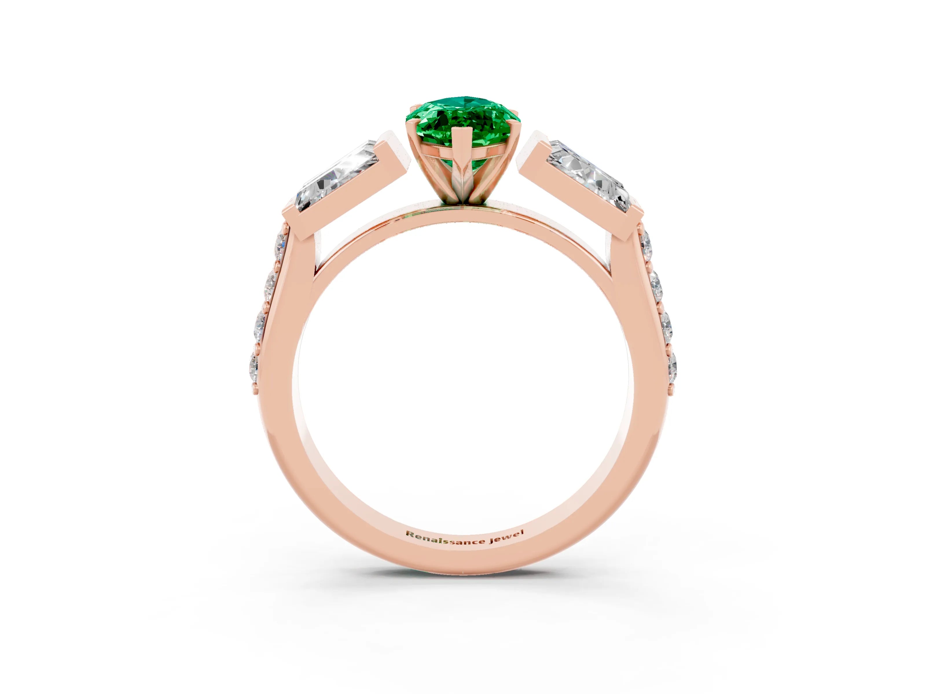 Rose gold Marquise Cut Emerald Engagement Ring with Baguette Side Stones and Channel Set Band_3