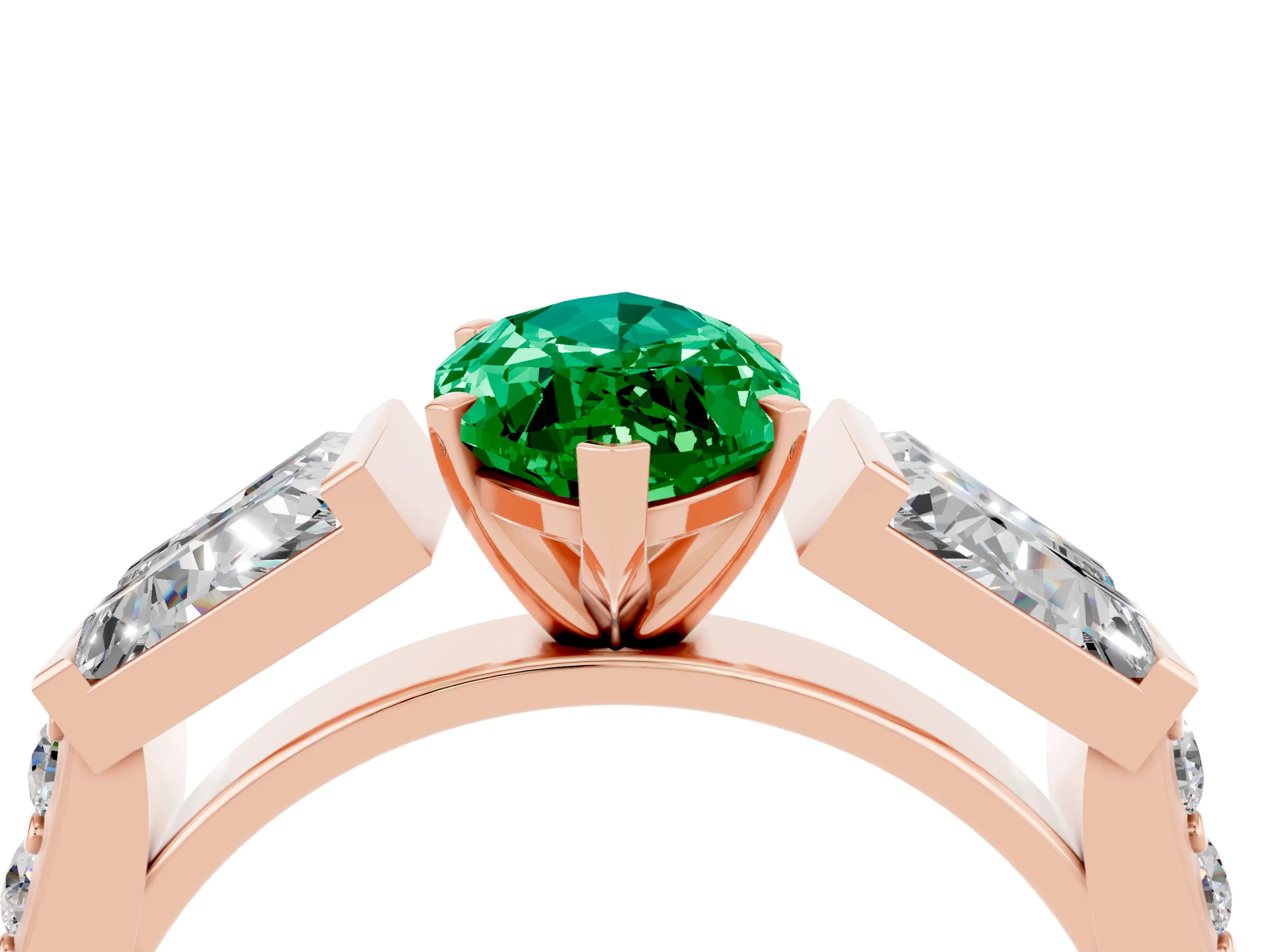Rose gold Marquise Cut Emerald Engagement Ring with Baguette Side Stones and Channel Set Band_4