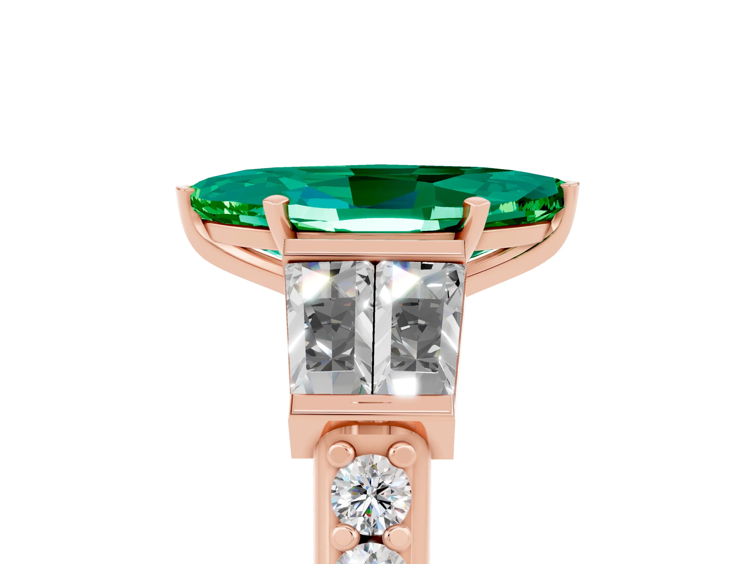 Rose gold Marquise Cut Emerald Engagement Ring with Baguette Side Stones and Channel Set Band_5