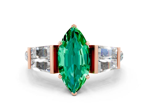 Rose gold Marquise Cut Emerald Engagement Ring with Baguette Side Stones and Channel Set Band
