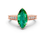 Rose gold Marquise Cut Emerald Engagement Ring with Milgrain Channel Set Band and Prong Setting