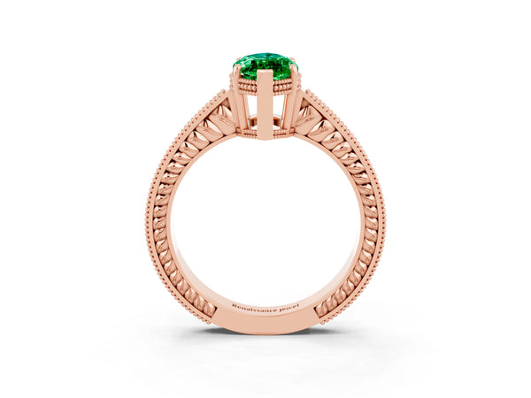 Rose gold Marquise Cut Emerald Engagement Ring with Milgrain Channel Set Band and Prong Setting