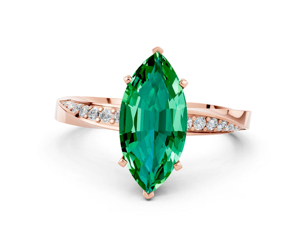Rose gold Marquise Cut Emerald Engagement Ring with Side Stone Accents and Four-Prong Setting